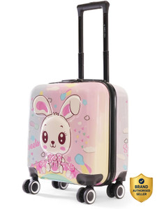 nasher miles tic tac toe zoo bunny hardside luggage pink white 44cm kids trolley bag cabin suitcase 8 wheels - 17 inch