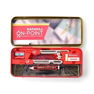 nataraj onpoint geometry box  bulk pack of 1 sets  metal case with 9piece highprecision math amp drawing instrument kit compass protractor ruler set squares pencil sharpener  more