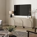 Nathan James Iris Mid Century Modern Arched Curio Cabinet with Beige Linen Finish, Wooden Storage Cabinet with Doors Set of 3