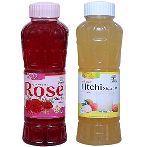 natraj the right choice rose sharbat amp litchi sharbat syrup pack of 2 x 750 ml bottle