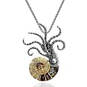 Natural Ammonite Fossil Necklace, Ancient Silver Octopus Pins and Brooches for Women, Fashion Aesthetic Stone Necklace for Men, Unisex Vintage Brooch Necklace for Birthday Christmas Party