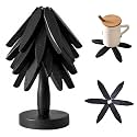 Natural Foldable Black Walnut Wooden Trivet Set - 4 Trivets + 1 Stand for Hot Dishes, Pot, Bowl, Teapot, Hot Pot Holders (Black)