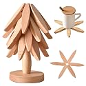 Natural Foldable Black Walnut Wooden Trivet Set - 4 Trivets + 1 Stand for Hot Dishes, Pot, Bowl, Teapot, Hot Pot Holders(Beige)