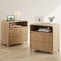 Natural Nightstand Set of 2, 24 in Wide Wood Nightstand with Charging Station and 2 Drawers, Fluted Modern Night Stand Bed Side End Table for Bedroom, Living Room, Natural Oak