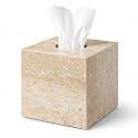 Natural Travertine Marble Tissue Box Holder Cover, Square Cube Tissue Box Holder with Open Bottom for Bathroom Vanity Tops, Bedroom Dressers, Kitchen Countertop, Travertine Beige(NS022)