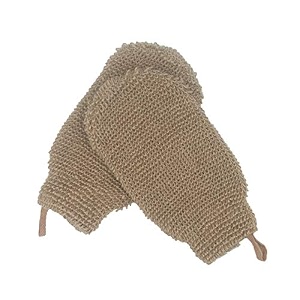natural vegetable fiber dual sided exfoliating hemp flax ramie glove hand mitt mitten shaped back and body shower bath scrubber brown remove dead skin machine washable pack of 2