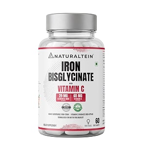naturaltein iron bisglycinate with vitamin c  60 tablets  29 mg elemental iron  gentle on stomach  supports womens energy vitality amp healthy blood levels