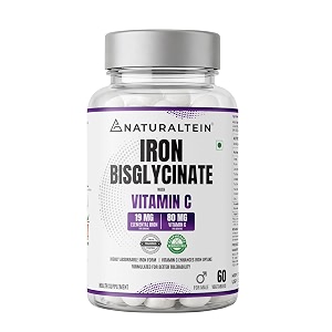 naturaltein iron bisglycinate with vitamin c  60 tablets  19 mg elemental iron  gentle on stomach  supports mens energy strength amp healthy blood levels