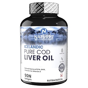 naturyz icelandic pure cod liver fish oil capsules with omega 3 epa amp dha and vitamins a amp d for immunity  skin  eye  muscle  joint health - 90 softgels