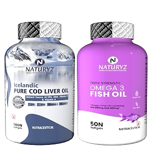 naturyz imported icelandic cod liver oil combo pack for immunity skin eye muscle joint health amp triple strength omega 3 fish oil 2500mg with highest strength epa 1200mg dha 800mg