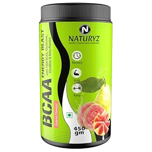 naturyz bcaa energy blast pre intra post workout supplement with 7000 bcaa  glutamine  citrulline  beta-alanine for muscle recovery  power amp energy-450 gramsguava flavor