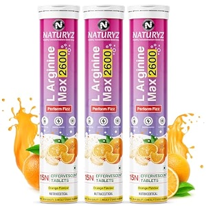 naturyz l-arginine max 2600 effervescent tabletsboosts staminaincreases blood flowimproves performancepre-workout supplement 15 capsules orange flavour 3 count