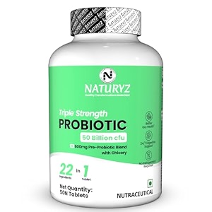 naturyz triple strength probiotic 50 billion cfu with highest pre-probiotic 600 mg  chicory root  22 nutrients for gut health  247 digestion  supports in occasional constipation diarrhea gas amp bloating for women amp men  no refrigeration required - 60 tablets