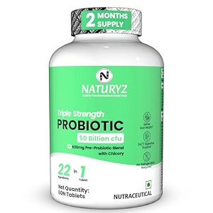 naturyz triple strength probiotic 50 billion cfu with highest pre-probiotic 600 mg  chicory root  22 nutrients for gut health  247 digestion  supports in occasional constipation diarrhea gas amp bloating for women amp men  no refrigeration required - 60 tablets