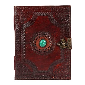 nav handicrafts real leather green stone brown embossed handmade diary with metal lock -size of h 10l 7 brown