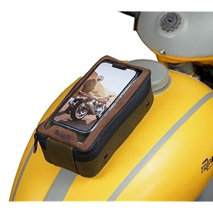navigator magnetic motorcycle tank pouch with touch-friendly phone holder  anti slip maps navigation pouch compatible with royal enfield honda bajaj tvs jawa triumph - green amp tobacco