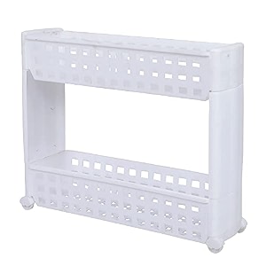 navrang 2 layer white slim multipurpose floor mount tiered shelf kitchen storage rack with wheels for home office bedroom and bathroom plastic stand 2 layer white