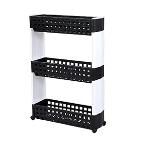 navrang 3 layer blackampwhite slim multipurpose freestanding tiered shelf kitchen storage slim rack with wheels for homeofficebedroom and bathroom plastic stand3 layer black ampwhite