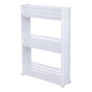 navrang 3 layer white slim multipurpose freestanding tiered shelf kitchen storage slim rack with wheels for home office bedroom and bathroom plastic stand 3 layer white