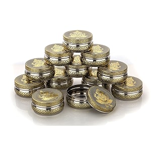 navrang stainless steel container box meenakari storage box ganesh ji design return gifts laddu pack of 12 golden