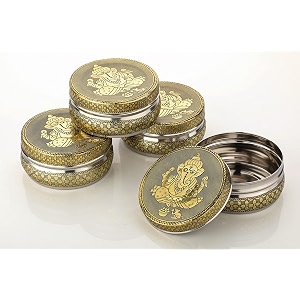 navrang stainless steel container meenakari storage ganesh ji design return gifts laddu sweet box pack of 4 golden