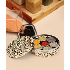 navrang stainless steel spice box masala boxdabba 7 steel cups with 1 spoon golden amp maroon