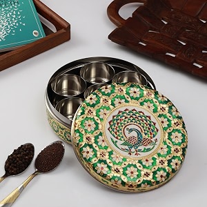 navrang stainless steel spice box masala box dabba decorative condiment spice storage box 7 steel cups with 1 spoon golden amp green