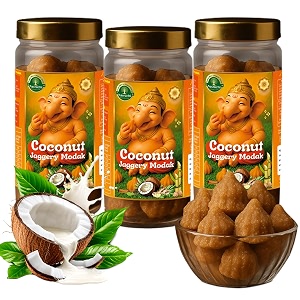 navruchi traditional coconut jaggery modak sweets 300gm  handcrafted indian mithai  authentic festive dessert  made with modak filling in natural chemical freeorganic jaggery base no preservatives soft amp fresh  perfect for ganesh chaturthi navratri durga puja prasad gift pack  premium coconut cardamom cinnamon amp jaggery filling  healthy natural sweetener  no refined sugar  festive mithai amp nutritious snack for year-round enjoyment  erthswhile damayanti  pack of 3