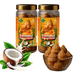navruchi traditional coconut jaggery modak sweets 300gm  handcrafted indian mithai  authentic festive dessert  made with modak filling in natural chemical freeorganic jaggery base no preservatives soft amp fresh  perfect for ganesh chaturthi navratri durga puja prasad gift pack  premium coconut cardamom cinnamon amp jaggery filling  healthy natural sweetener  no refined sugar  festive mithai amp nutritious snack for year-round enjoyment  erthswhile damayanti  pack of 2