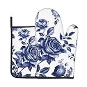 Navy Blue Floral Oven Mitts and Pot Holders Sets - Vintage Rose Kitchen Mitts Potholders 2 Pack Heat Resistant Chinoiserie Flower Oven Gloves Hot Pads for Kitchen Baking Grilling Party