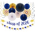 Navy-Blue Gold Party-Decorations Graduation Banner-Streamers - 18pcs Kits Class of 2026 Garland, Paper Tissue Pom Poms Fan, Honeycomb Lanterns Congrate Grad Congratulations Decor Panduola