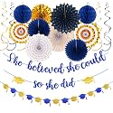 Navy-Blue Gold Party-Decorations Graduation Banner-Streamers - 18pcs Kits 2026 Congratulations Grad She Believed She Could So She Did Garland,Paper Tissue Pom Poms Fan,Honeycomb Lanterns Panduola