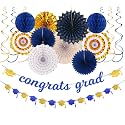 Navy-blue Gold Party-Decorations Graduation Banner-Streamers - 18pcs Kits 2026 Congrate Grad Garland,Congratulations Paper Tissue Pom Poms Fan,Honeycomb Lanterns Decor Panduola