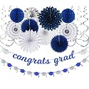 Navy-blue Silver Party-Decorations Graduation Banner-Streamers - 18pcs Kits 2026 Congrate Grad Garland,Congratulations Paper Tissue Pom Poms Fan,Honeycomb Lanterns Decor Panduola