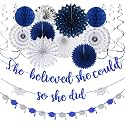 Navy-Blue Silver Party-Decorations Graduation Banner-Streamers - 18pcs Kits 2026 Congratulations Grad She Believed She Could So She Did Garland,Paper Tissue Pom Poms Fan,Honeycomb Lanterns Panduola