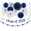 Navy-Blue Silver Party-Decorations Graduation Banner-Streamers - 18pcs Kits Class of 2026 Garland, Paper Tissue Pom Poms Fan, Honeycomb Lanterns Congrate Grad Congratulations Decor Panduola