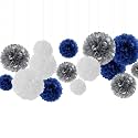 Navy-Blue White Silver Tissue Pom-Poms - 15pcs 5 Size Party Decorations Paper Flowers,Graduation Wedding Baby Bridal Shower Room Hanging Decorations Boy Birthday Party Backdrop Decor Panduola
