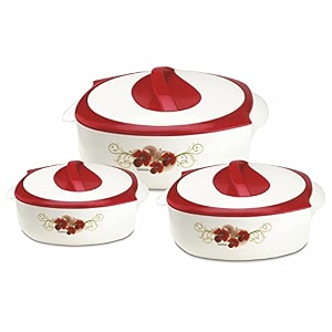 nayasa desire casserole gift set  800 1200 1800 ml  chapati box  serving bowl with lid  pu insulated  bpa free  odour proof  food grade  easy to carry and store  serving casserole  red