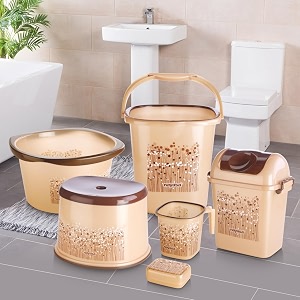 nayasa funk 6 piece plastic bathroom set complete bathroom accessories combo with bucket mug and utility essentials durable household bathroom organizer set for home use brown