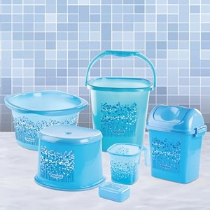 nayasa bathroom set small dlx 6 pcs  bkt 25 l  mug 15 l  basin 20 l dustbin 14 l  508 stool  soap case  bathroom accessory set plastic  bathroom set  bath set for bathroom  blue