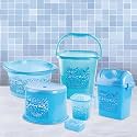 Nayasa Bathroom Set Small DLX 6 Pcs | Bkt 25 L + Mug 1.5 L + Basin 20 L+ Dustbin 14 L + 508 Stool + Soap Case | Bathroom Accessory Set Plastic | Bathroom Set | Bath Set for Bathroom | Blue