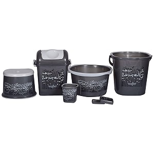 nayasa funk plastic bathroom bathing pc with bucket mug deep bucket crown patla dustbin and soap dish grey set of 6
