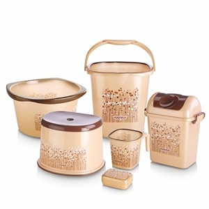 nayasa plastic funk bathroom set dlx 6 pcs  bkt 25 l  mug 15 l  basin 20 l dustbin 14 l  509 stool  soap case  bathroom accessory set plastic  bathroom set  bath set for bathroom  brown
