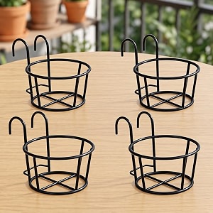 nayra metal black color hanging flowerplants pot holder railing potted plant stand for home balcony dcorand garden black set of 4