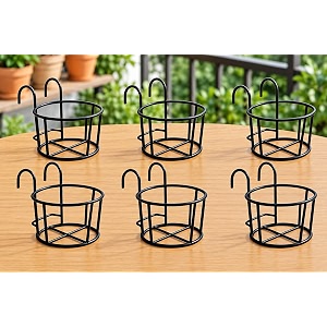 nayra metal black color hanging flowerplants pot holder railing potted plant stand for home balcony dcorand garden black set of 6