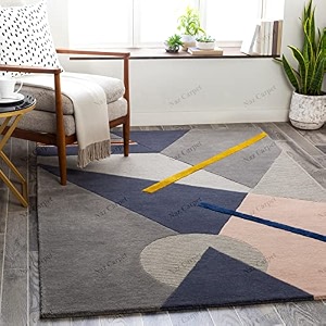 handmade geometrical pattern woollen rugs 1 inch thick pile 6x8 feet color multi