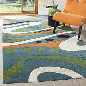 handmade geometrical pattern woollen rugs 1 inch thick pile 7x7 feet round color multi