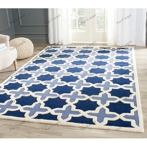 handmade geometrical pattern woollen rugs 1 inch thick pile 8x8 feet square color multi