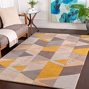 handmade geometrical pattern woollen rugs 1 inch thick pile 6x9 feet color multi