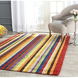 handmade geometrical pattern woollen rugs 1 inch thick pile 5x8 feet color multi